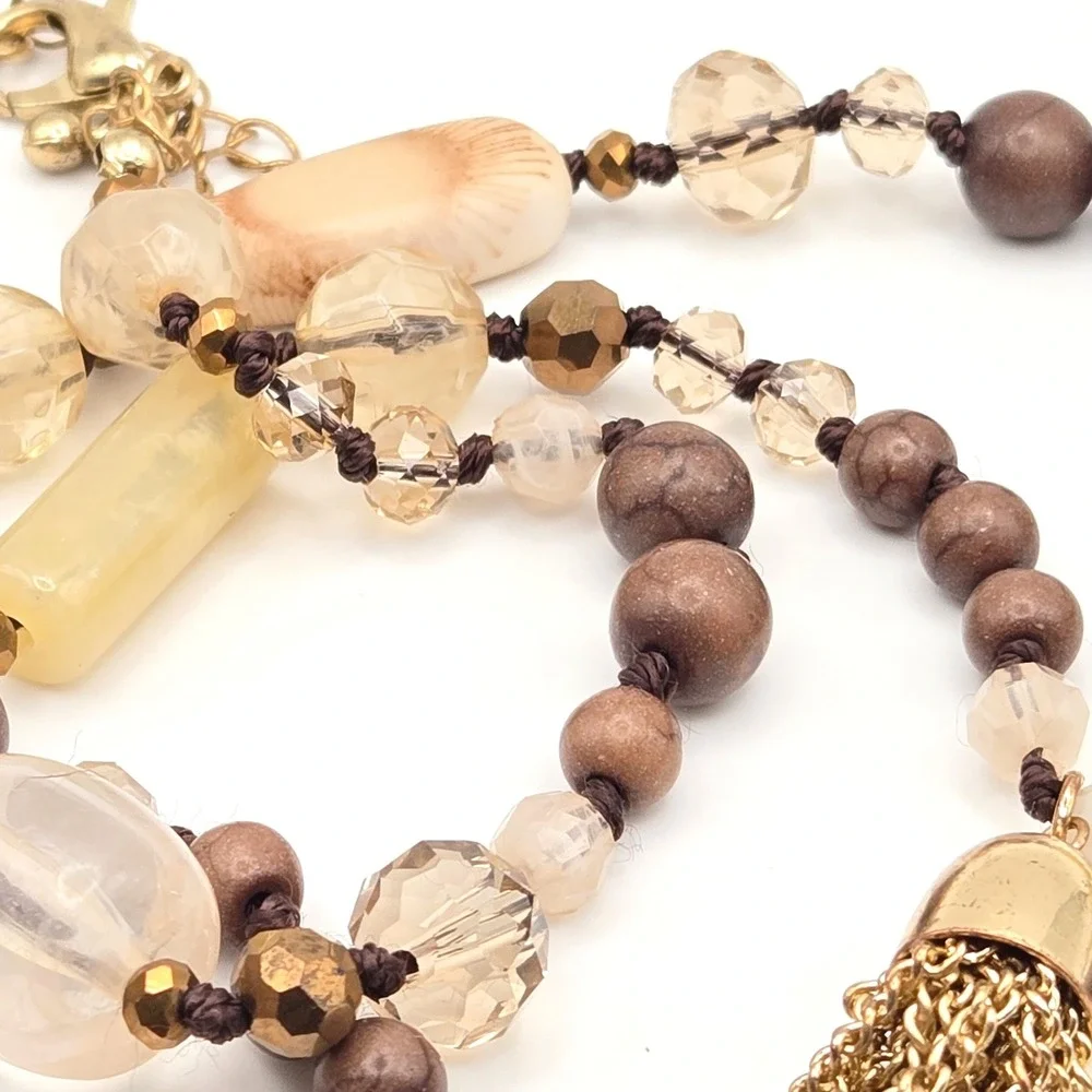 Boho‎ Beaded Tassel Necklace Earthy Mixed Media Hand Knotted Gold Tone Chain